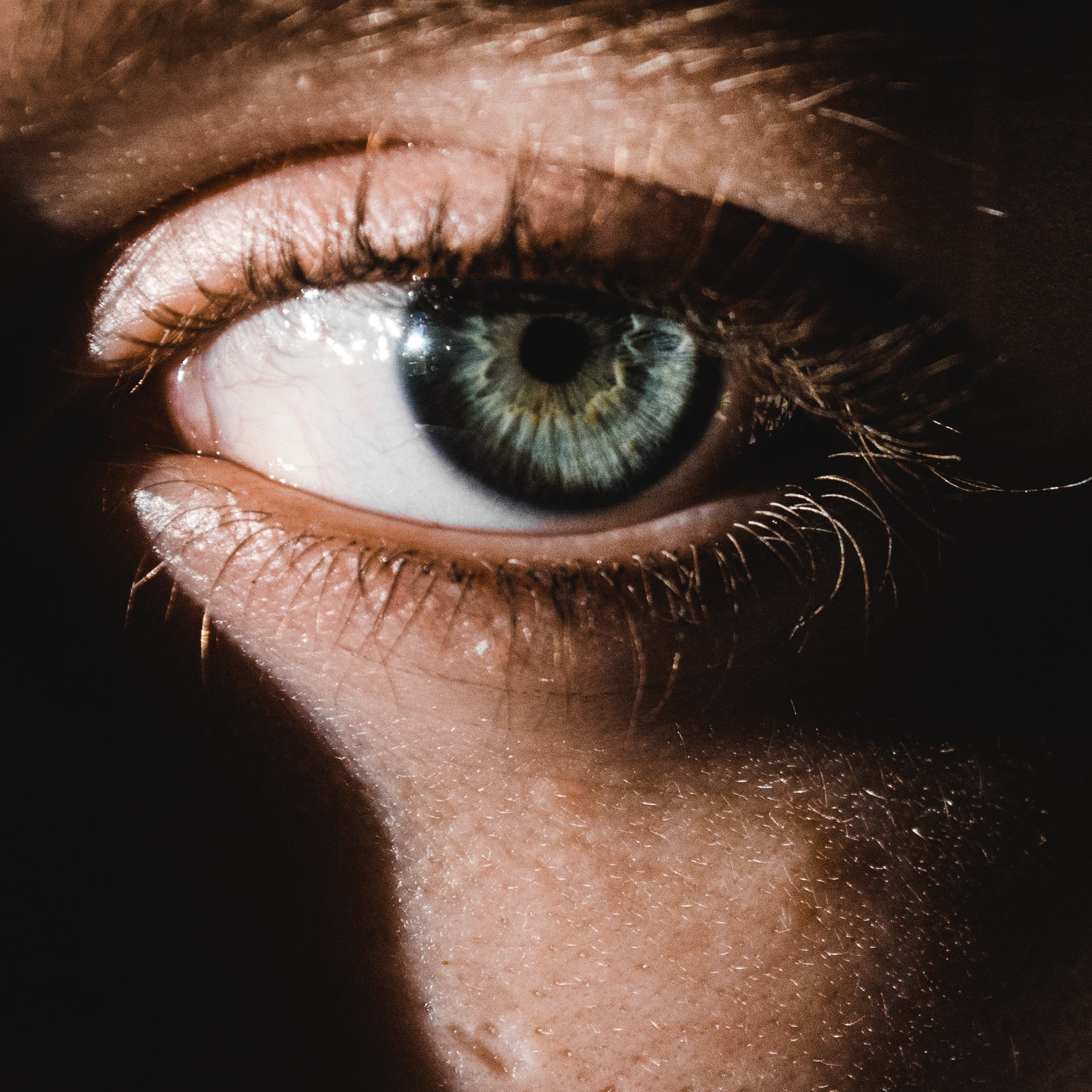 A close up image of an eye. The color is blue/grey.